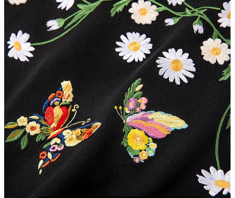 Men's Guochao short-sleeved Butterfly Embroidery Round Neck Cotton T-Shirt