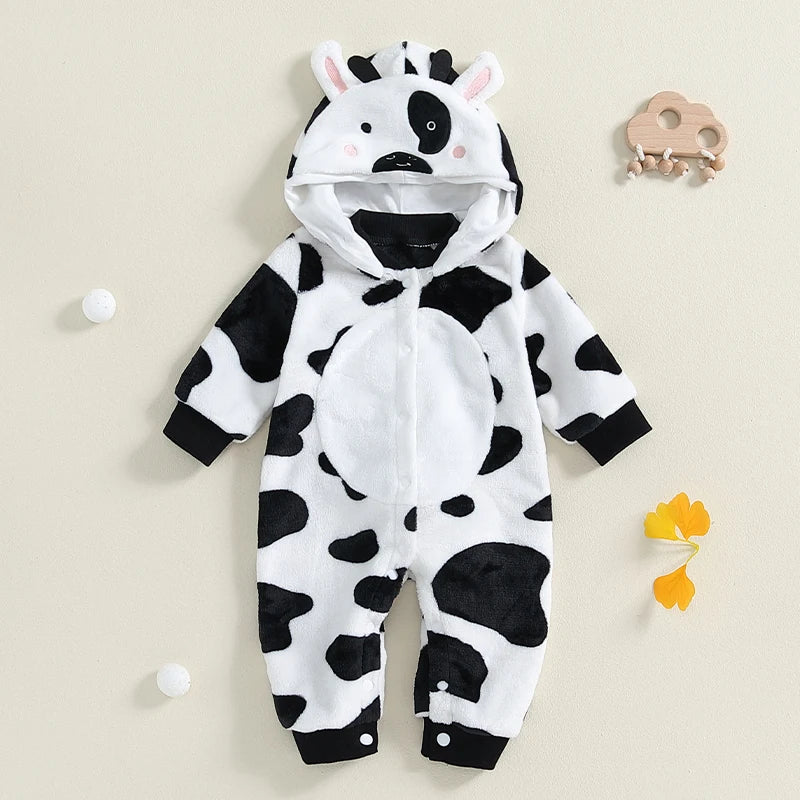 0-18M  Baby Boys Cute Romper Long Sleeve Cow Pattern Button Hooded Jumpsuit for Newborn