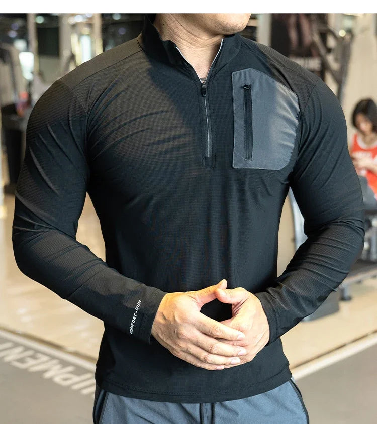 Men's Muscle Workout Sportswear Long Sleeve Running Clothing with Half Zip with Pockets Sports Gym Fitness Compression Shirt