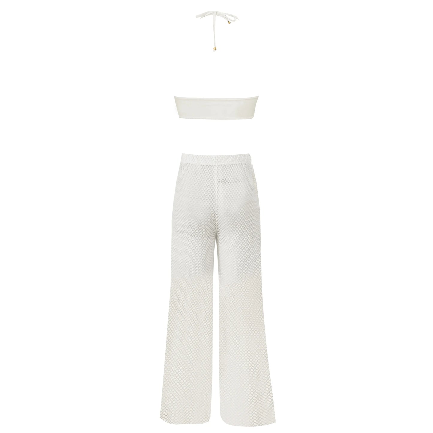 White Lace Three-Piece Bikini Set with Wide Leg Cover-Up Pants