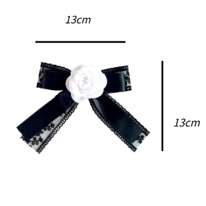 Elegant Black Lace Bow Tie Brooch - Camellia Flower Lapel Pin