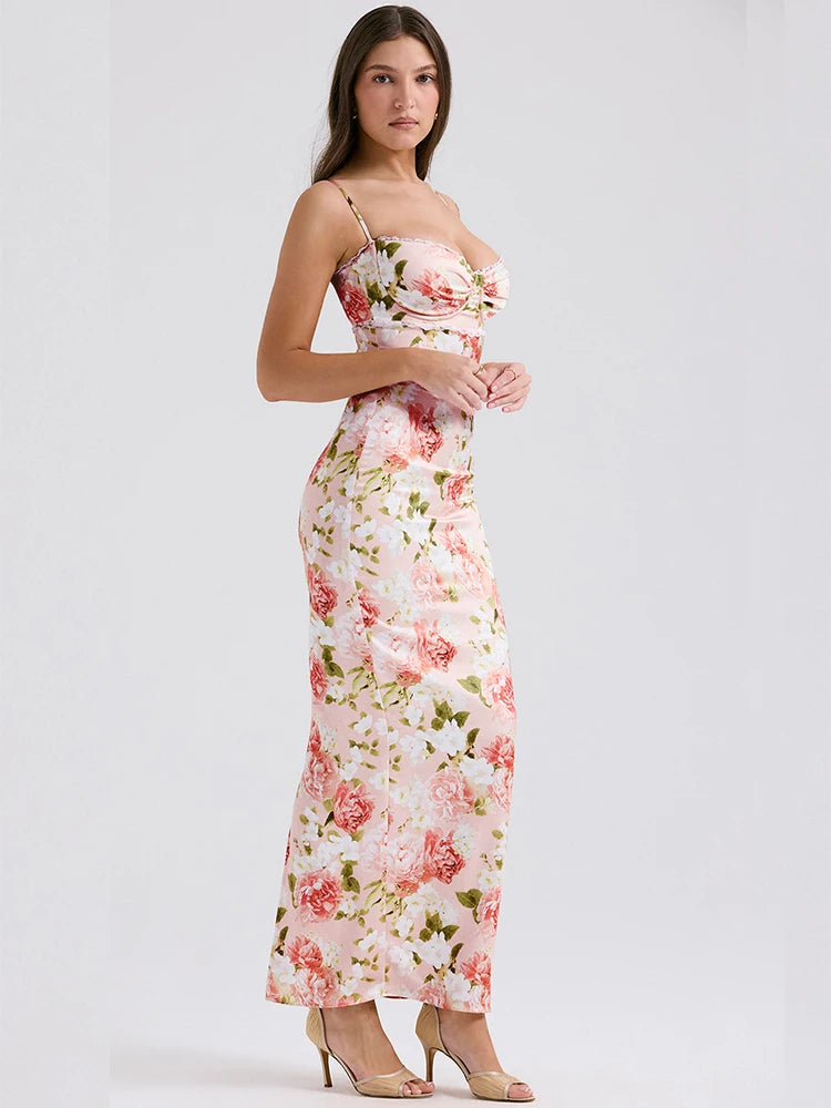 Summer Long Party Dress - Pink Peony Print Maxi Elegant Spaghetti Strap Dress