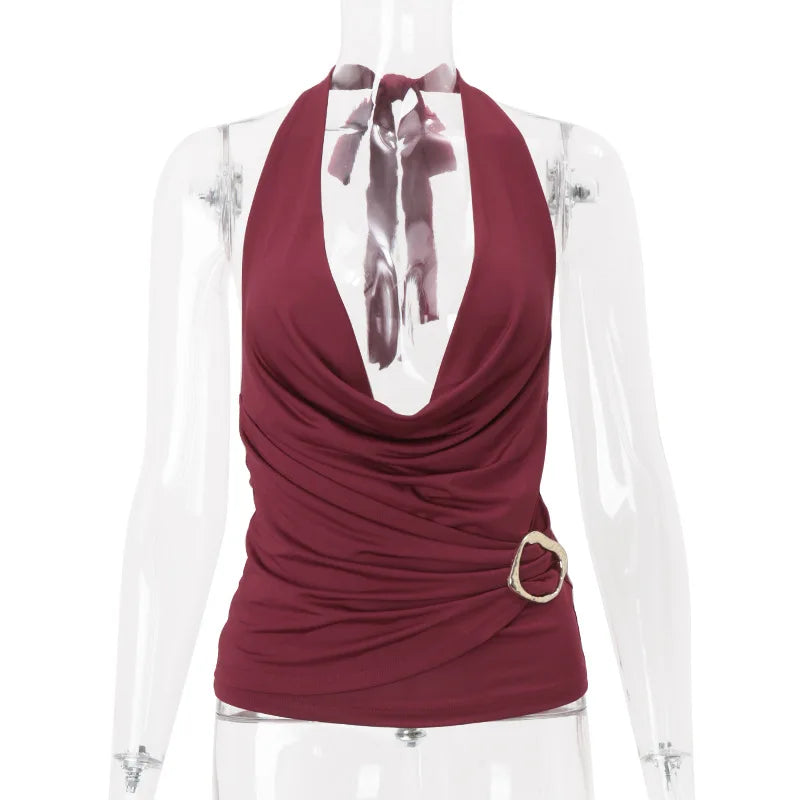 Women's Embellished Ruched Draped Halter Top - Deep V-Neck Cropped Club Top