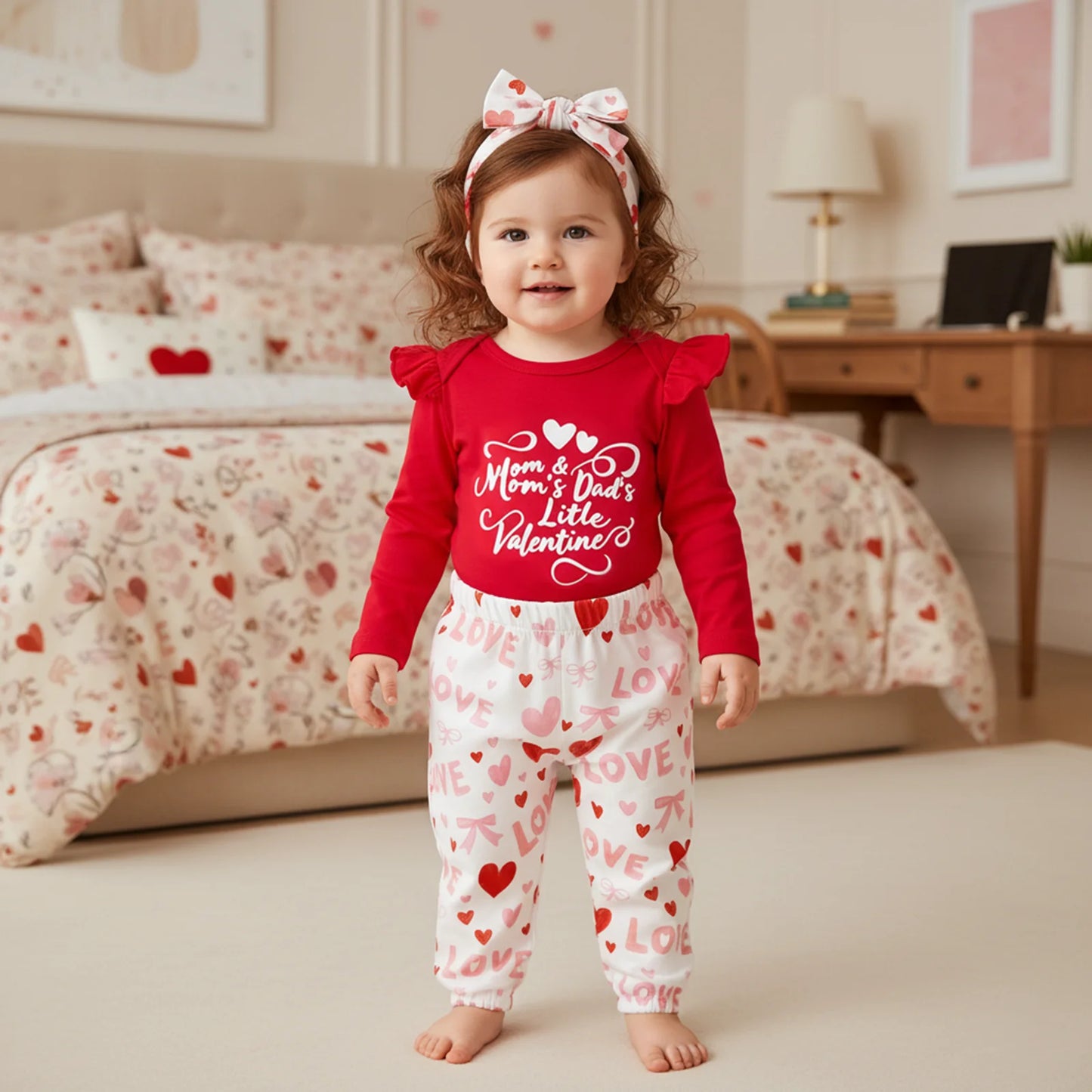 Baby Girls Valentine's Day 3-Piece Outfit Set - Ruffle Romper, Pants & Headband