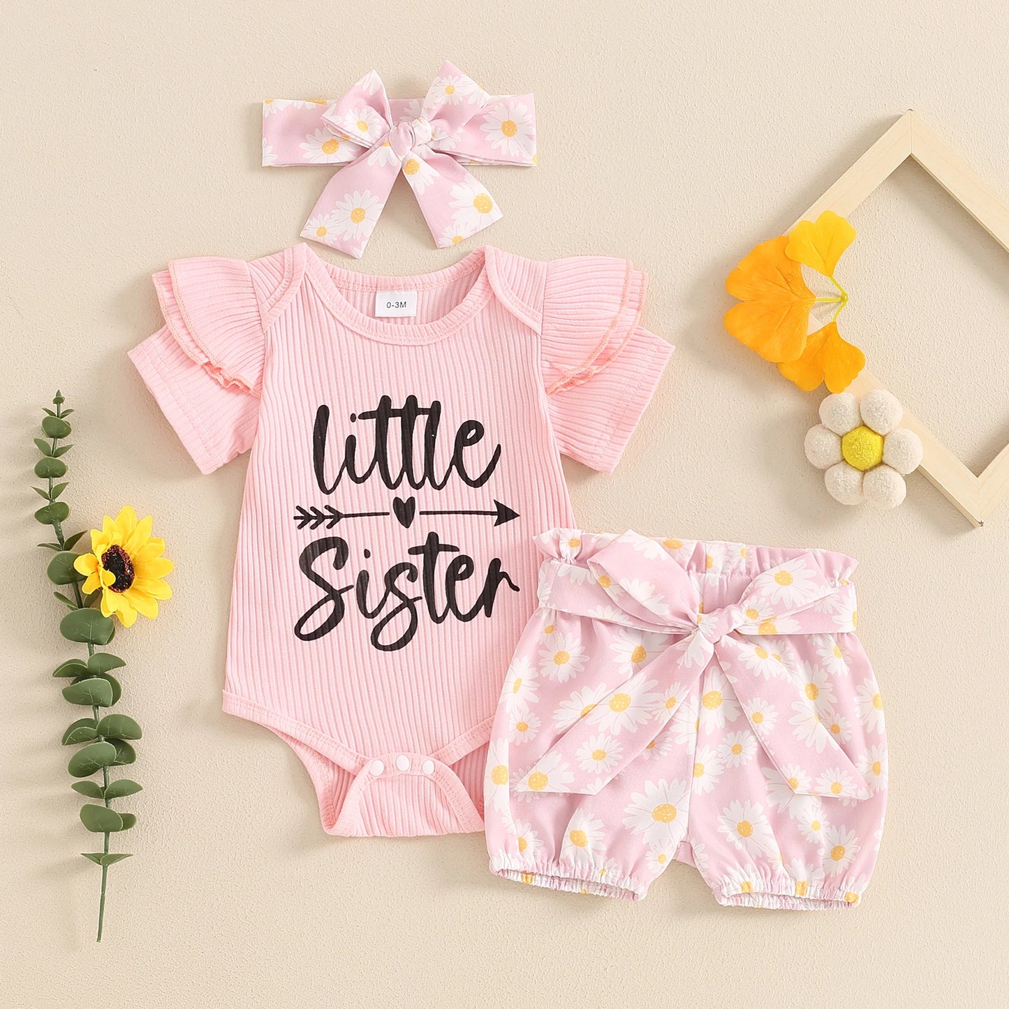 0-24M Baby Girls Summer Clothes Sets 3pcs Letter Print Short Sleeve Romper Sunflowers Shorts with Belt Headband