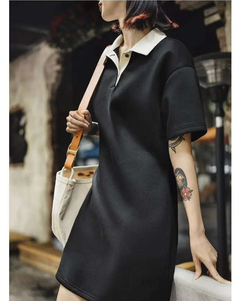 Women's Color-Block Polo Dress - Preppy Tennis Style with Adjustable Waist Short Sleeve Summer Dress