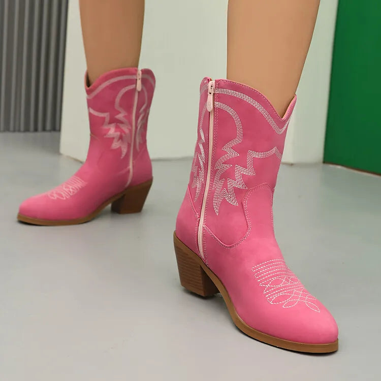 Totem Embroidered Ankle Boots - Pointed Toe Chelsea Boots with 6cm Wedge Heel