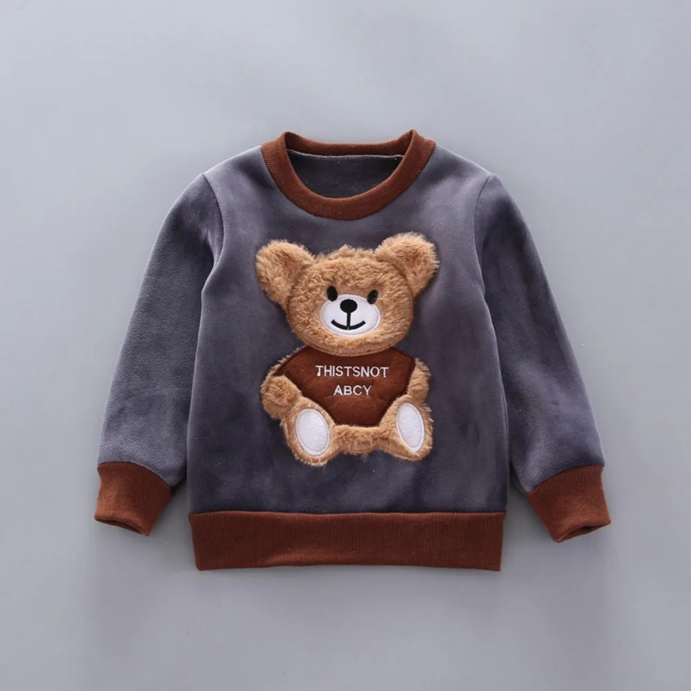 Children's Plush Warm Sports Three piece Set Little Bear Hooded Set Vest Long sleeved Sweater Set