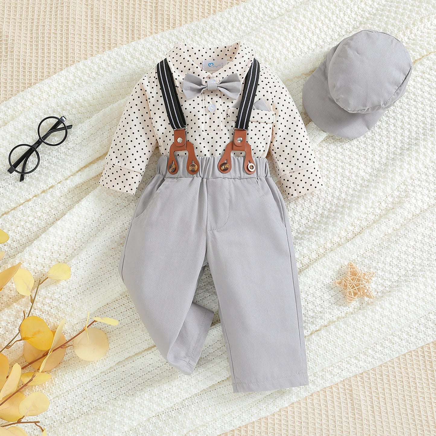 0-18M Autumn Baby Boys Gentleman Clothes Sets 3pcs Long Sleeve Polka Dots Print Shirt + Suspender Pants + HaT