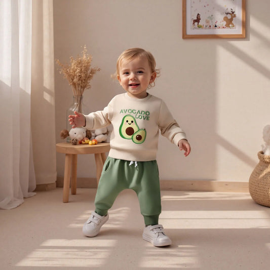 Infant Baby Boys Fall Winter Clothes Set - Fruit Letters Embroidery Long Sleeve Pullover Sweatshirt & Solid Pants