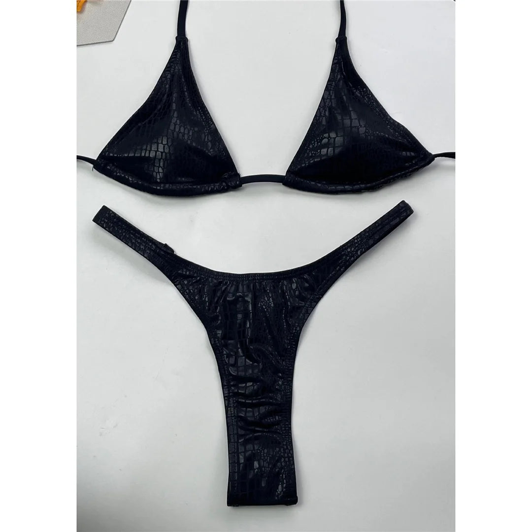 Women's Diamond Rhinestones Mini Thong Halter Bikini Swimsuit Swimwear Two-pieces Bikini Set