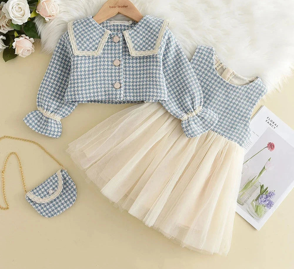 Girl's  2-6Y Girl's Plaid Vest Dress Retro Outwear Coat 3 Pcs Outfit