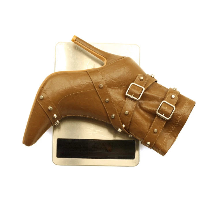 Women's Rivet Belt Buckle 10cm High Heel Short Pointed Side Zipper Leather Ankle Boots