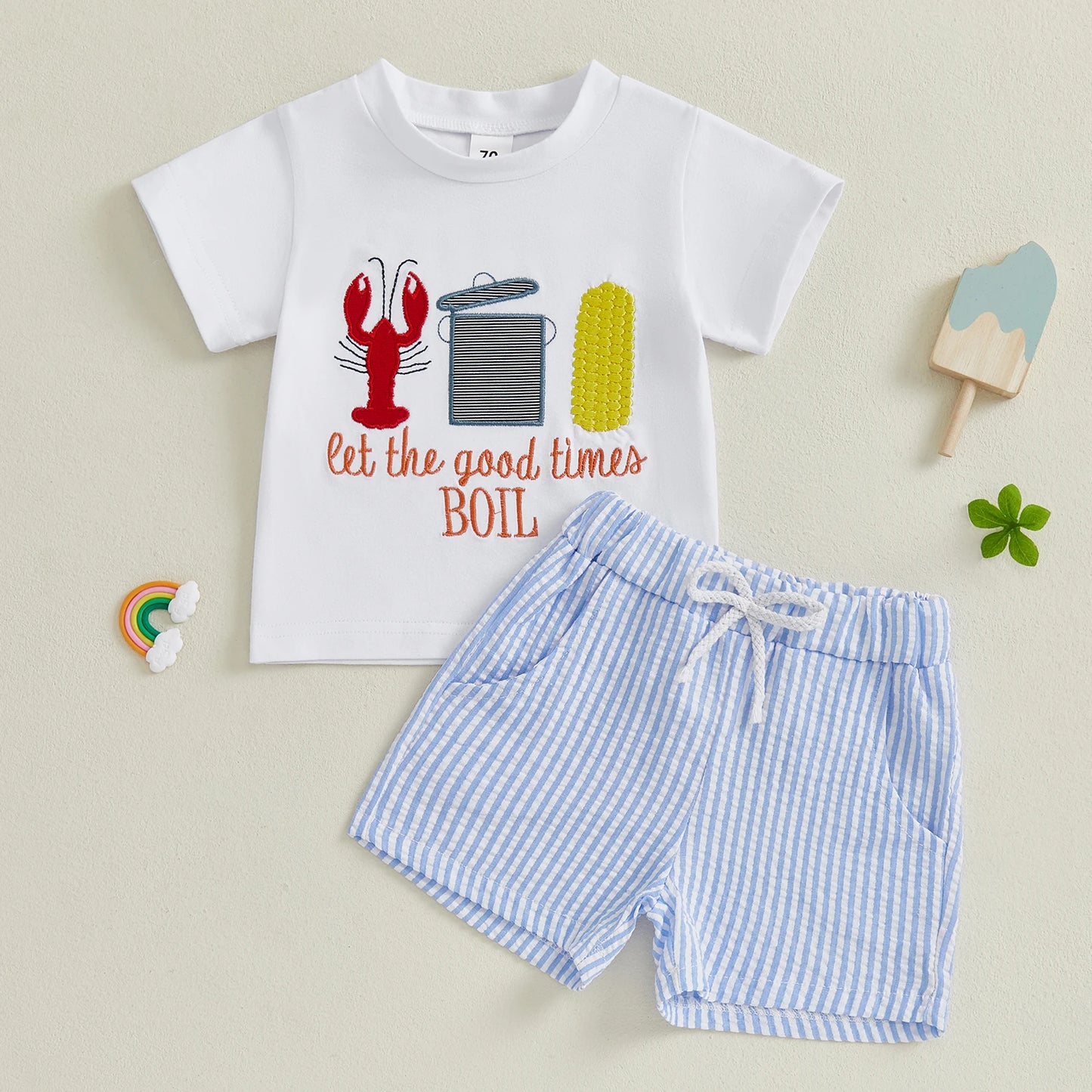 0-7Y Casual Kids Boys Summer Clothes Sets 2pcs Short Sleeve O Neck Lobster Letter Print T Shirts and Striped Shorts