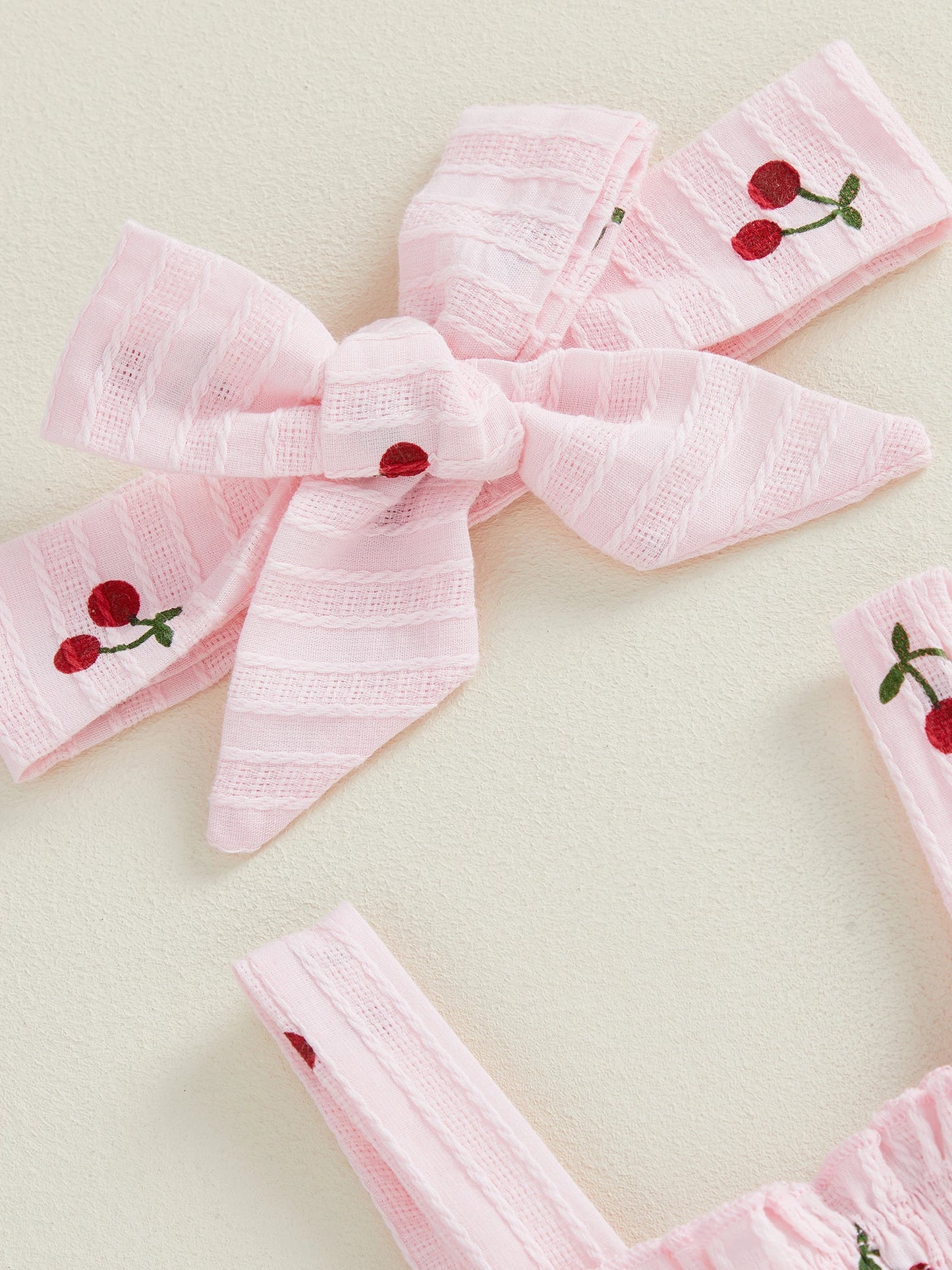 Baby Girls Summer Outfit Set - Cherry Print Square Collar Top with Ruffled Shorts & Headband 0-24M