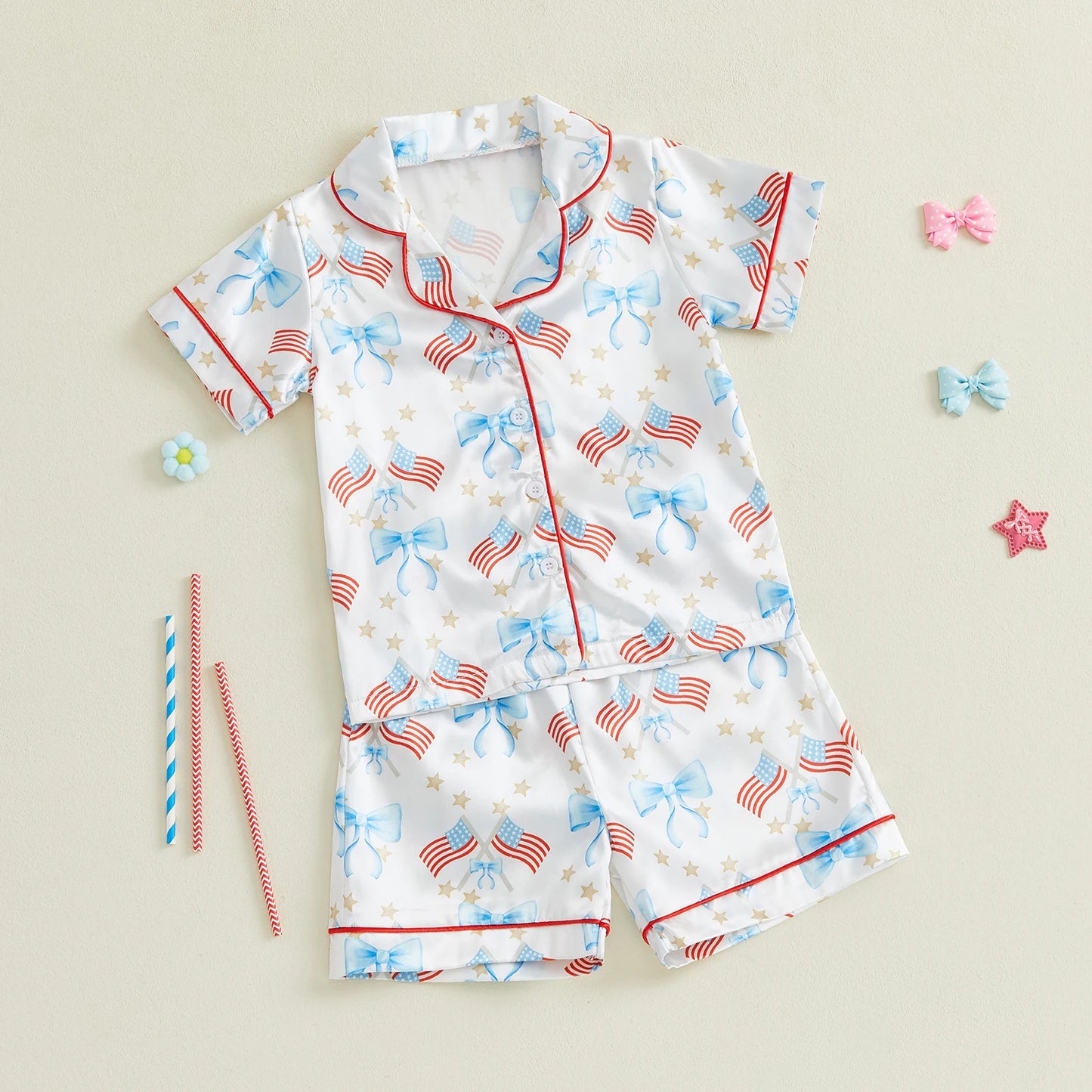 0-6Y Summer Kids Girls Pyjamas Clothes Set Summer Star/Bow Print Button up Short Sleeves Shirt with Elastic Shorts