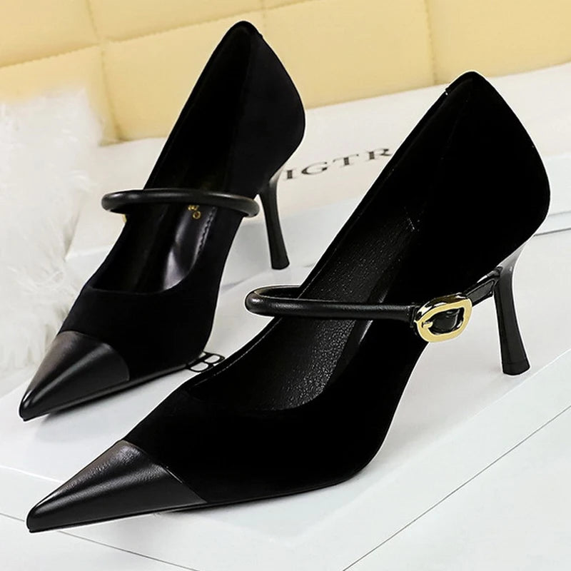 Suede Buckle Design Pumps - Pointed Toe Stilettos Available in 7cm and 10cm Heights