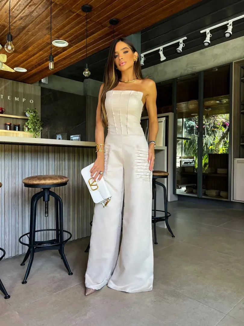 Women's Bandage Sleeveless Waist Wide Leg Long  Jumpsuit