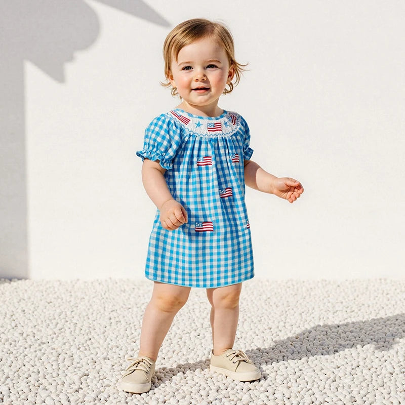 0-4Y  Kids Girl’s  Short Sleeve Embroidery Crew Neck Plaid Flags Print A-Line Dress