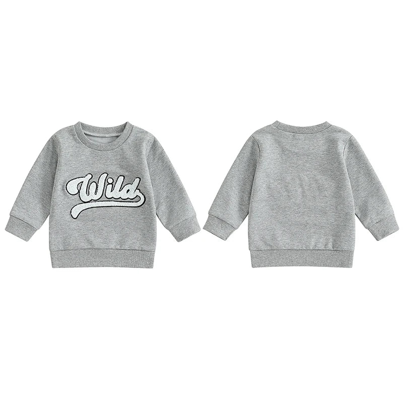 1-6Y Kids Boys Girls Fuzzy Letter Embroidered Crew Neck Long Sleeve Pullovers Sweatshirt