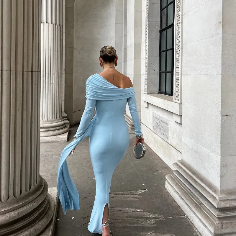 Women's Elegant Asymmetrical Ruched Maxi Dress - Long Sleeve Bodycon Gown