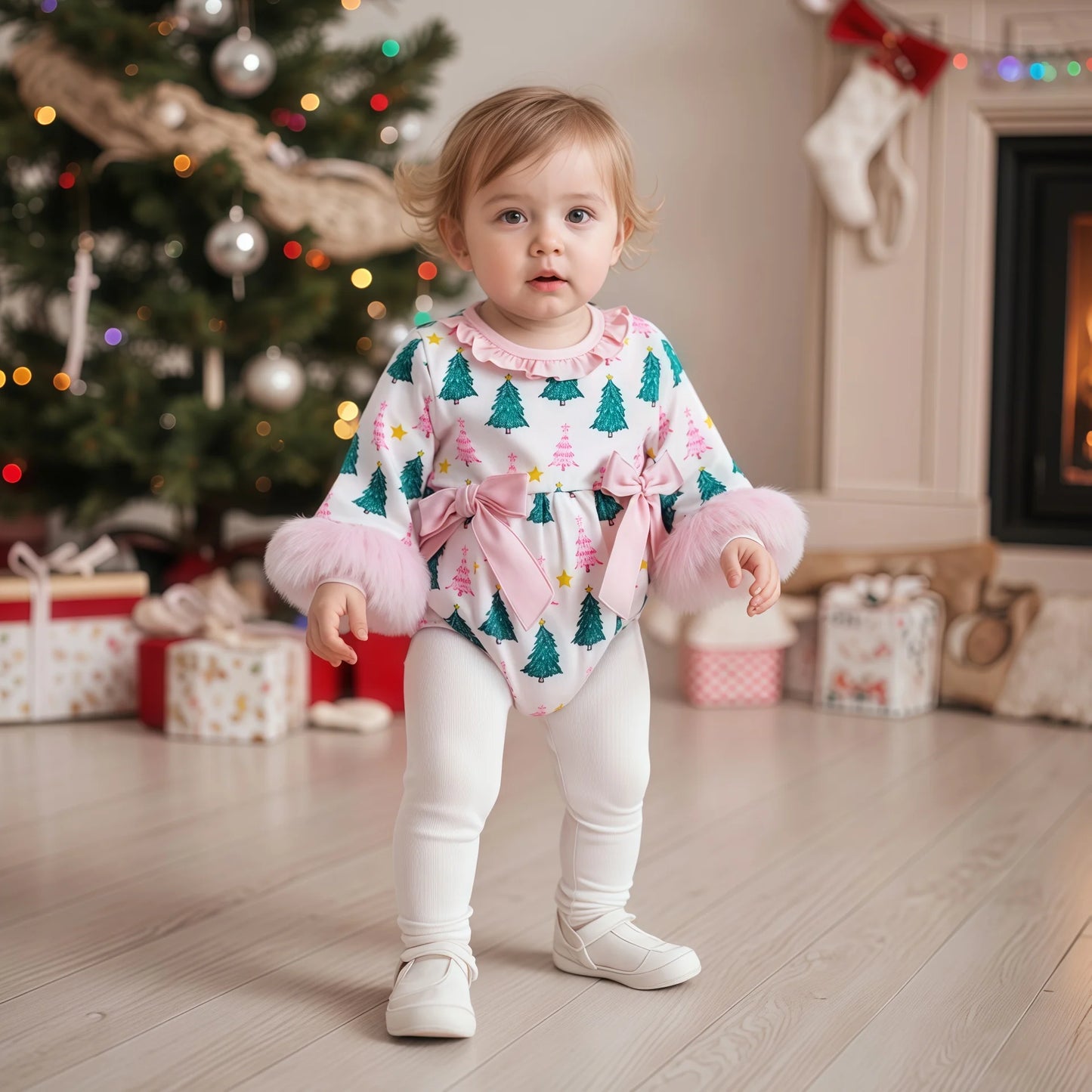 Baby Girls' Christmas Tree Print Romper - Festive Long Sleeve Jumpsuit