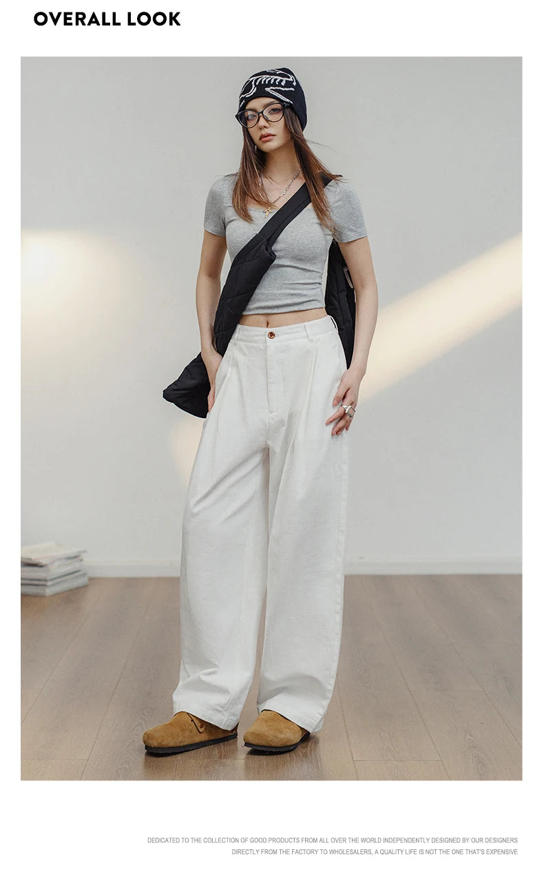 Women's White 100% Cotton Wide-Leg Cargo Trousers | Loose Straight Streetwear Pants