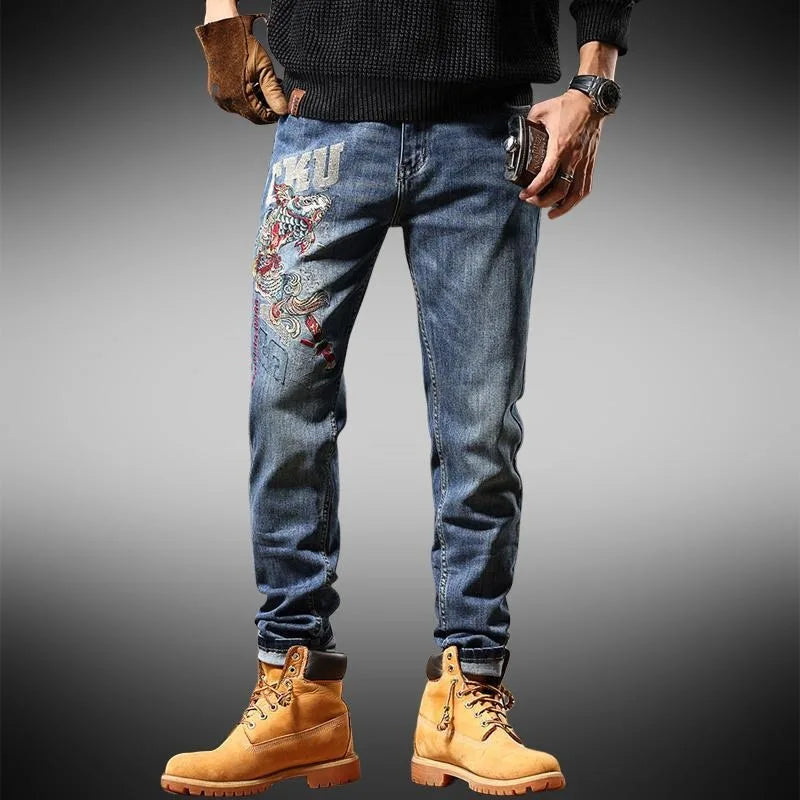 Men's Chinese Embroidered Slim Jeans - Elastic Fit