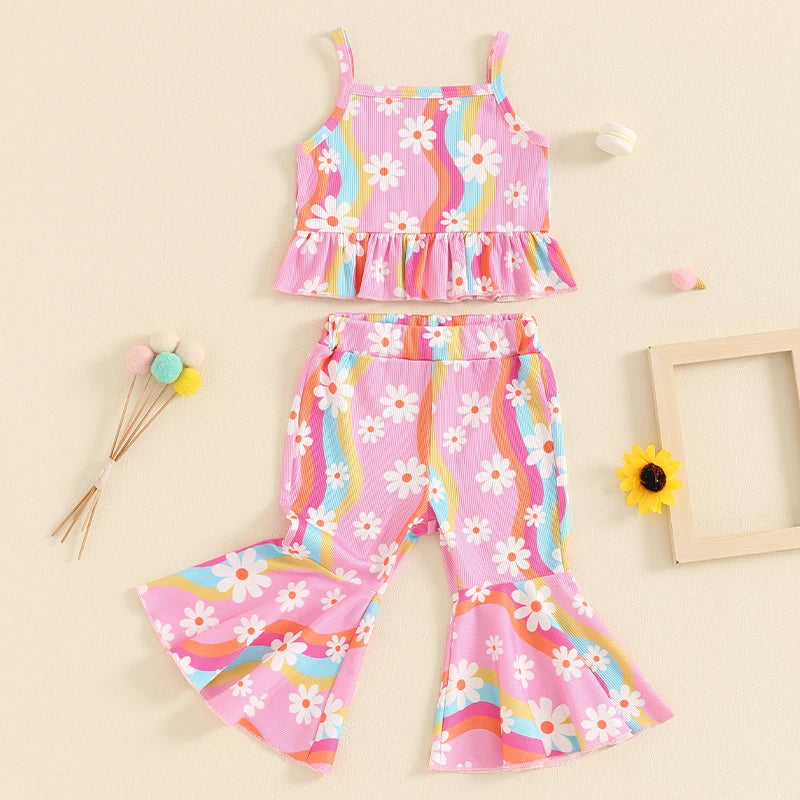 0-4Y Toddler Little Girls Summer Clothes Sets 2pcs Ruffles Sleeveless Wave Stripe Floral Print Ribbed Tank Flare Trousers