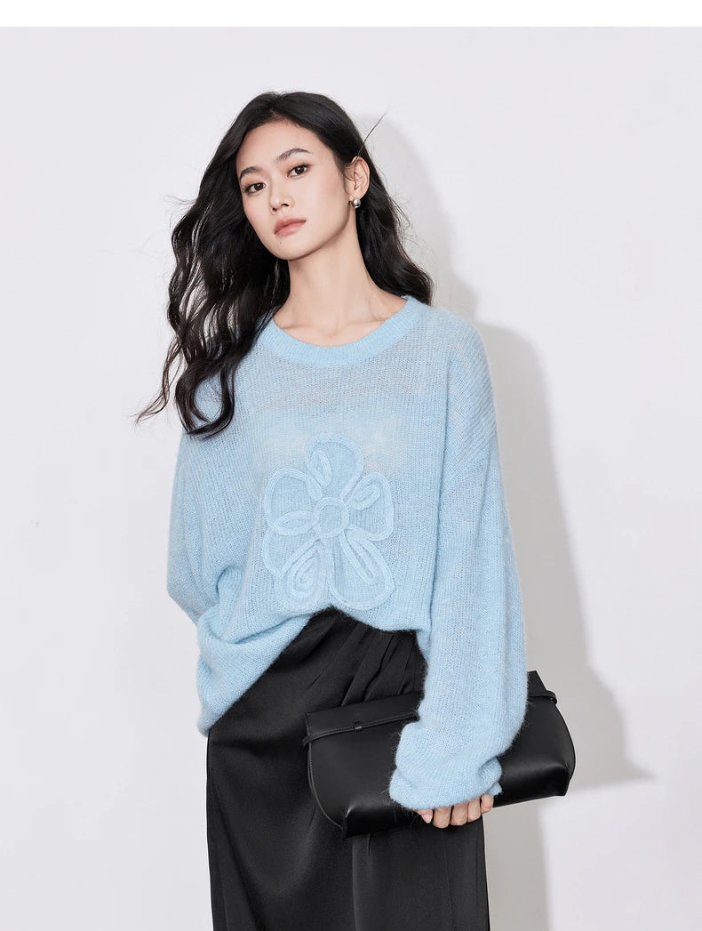 Women Knitted Flower Pattern Horse Hairy Long Sleeve Lazy Style Pullover Sweater