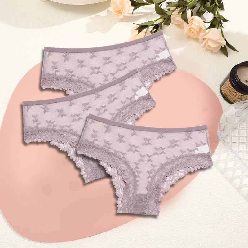 Women's Lace Underwear 3-Piece Set - Floral Hollow Out Briefs