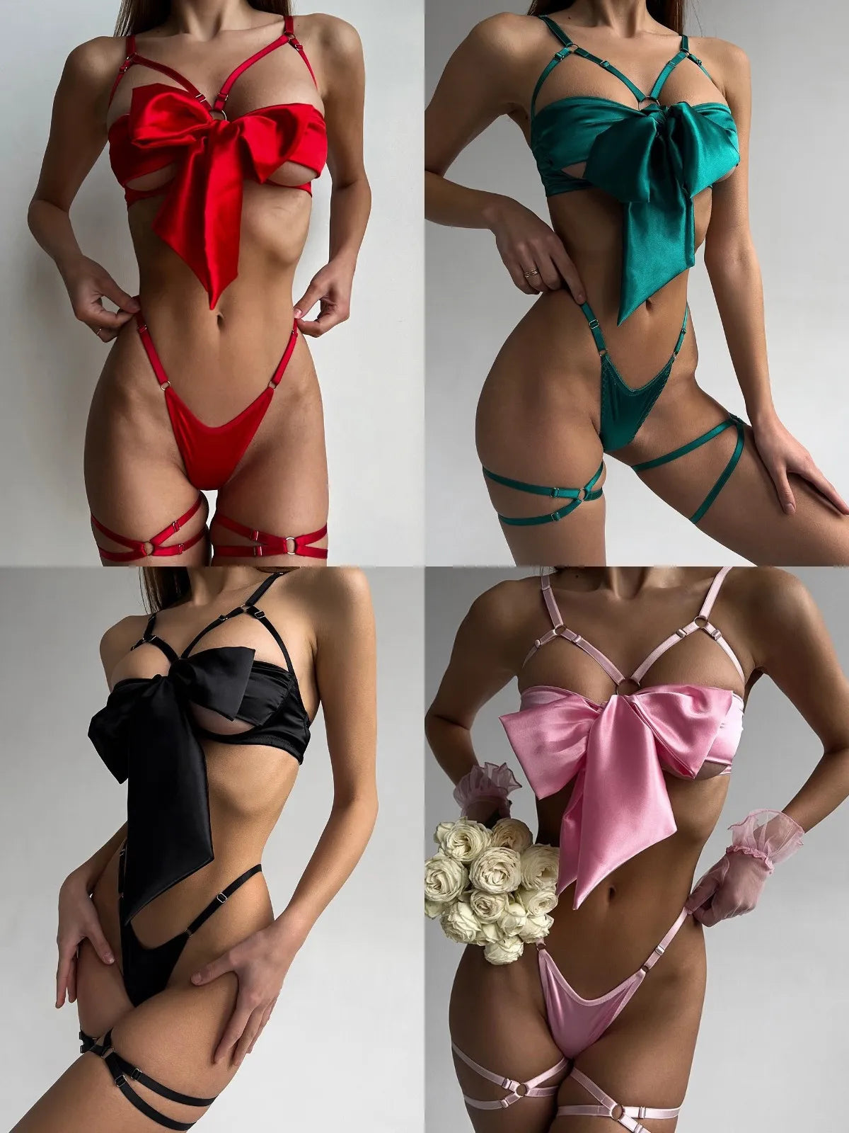 Women's Bowknot Lingerie Open Bra Lace Up Ensemble Lingerie Set