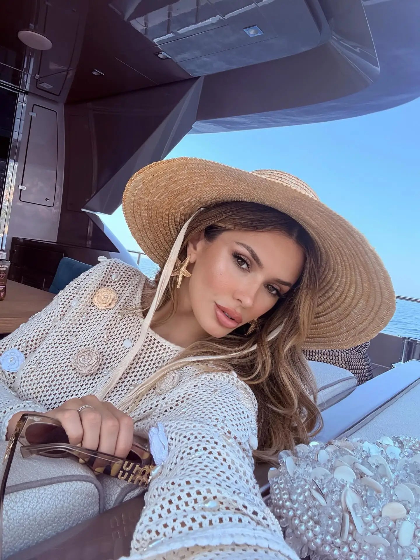 Women's Long Sleeve Backless Mini Dress - Pearl & 3D Knit Flower Details