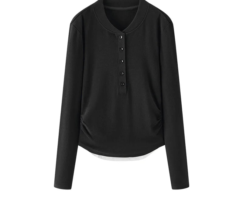 Long Sleeve Cropped Thermal Fleece Layered Henley Neck Slim Fit Top