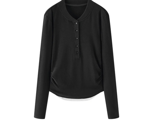 Long Sleeve Cropped Thermal Fleece Layered Henley Neck Slim Fit Top