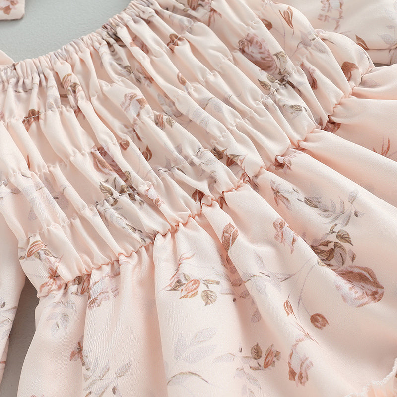 Princess Baby Girl Romper Dress - Ruffles Long Sleeve Floral Print with Headband