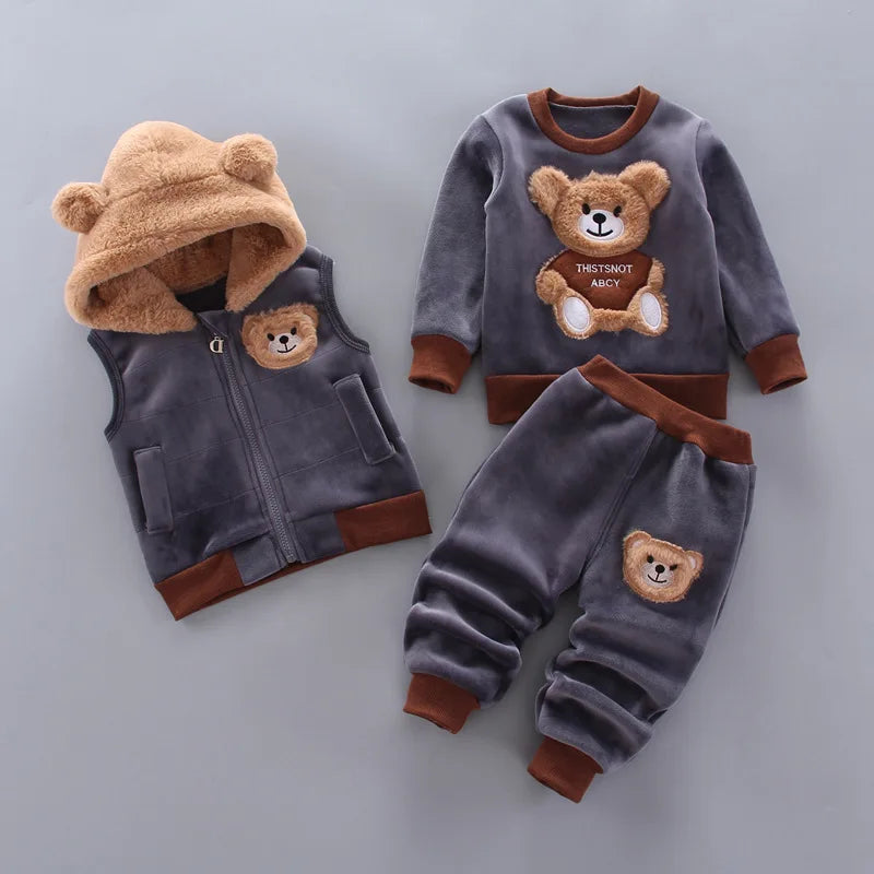 Children's Plush Warm Sports Three piece Set Little Bear Hooded Set Vest Long sleeved Sweater Set