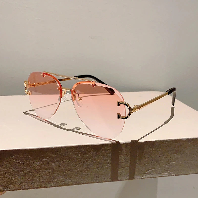 Unisex Vintage Rimless Classic Double Bridge Pilot Gradient Sunglasses
