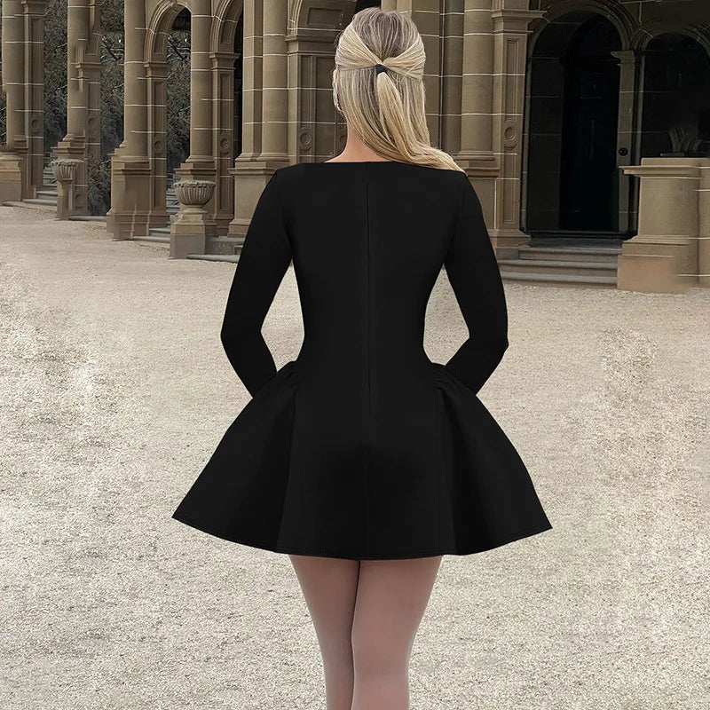 Women's Elegant Bodycon Mini  A-line Hem Splice Round Neck Long Sleeve Dress