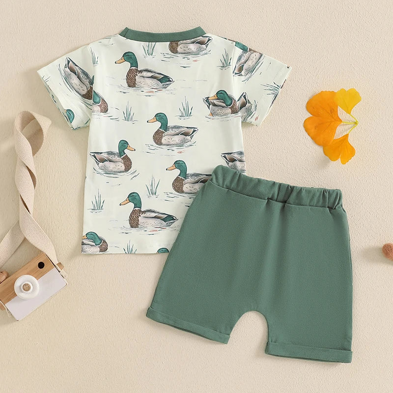 Baby Boys Duck Print Outfit Set - Patchwork T-Shirt with Elastic Waist Shorts