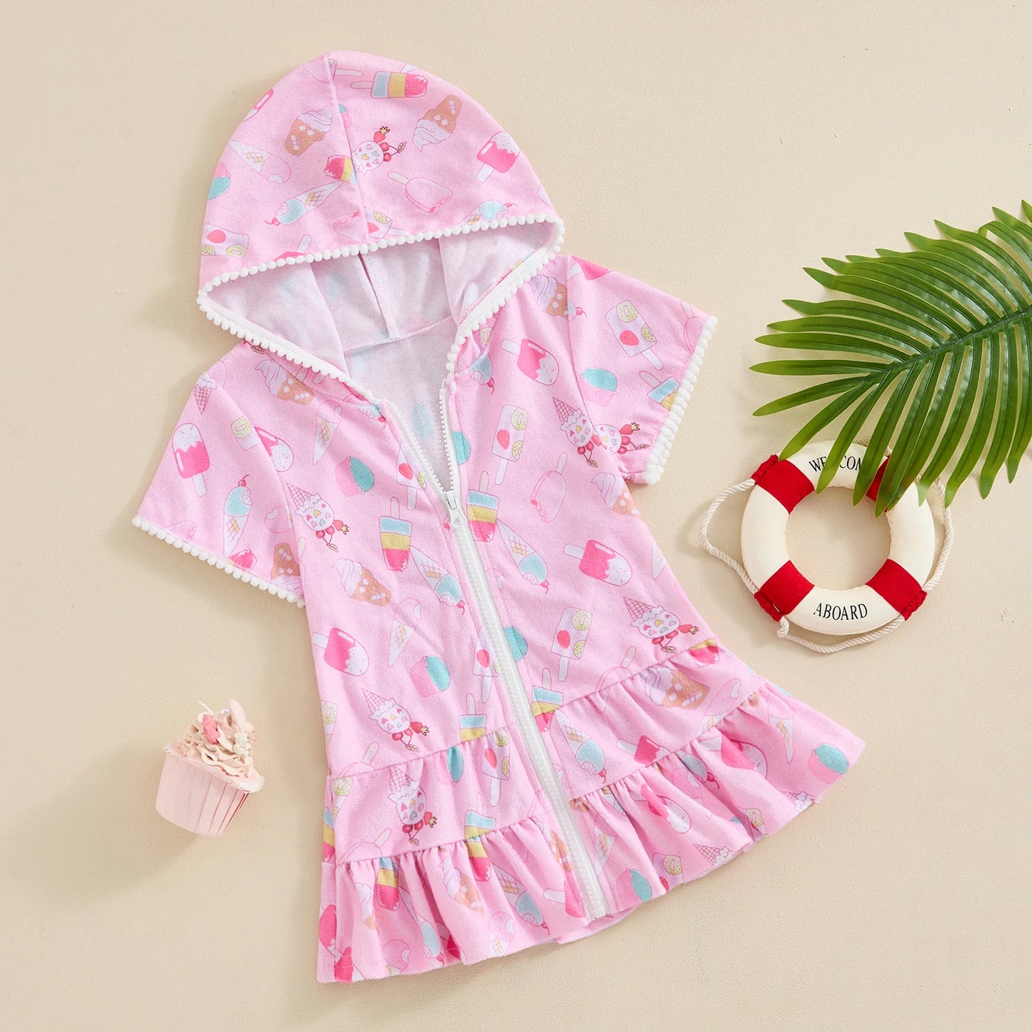 1-8Y Summer Kids Girls Beach Dress Watermelon Flamingo Ice Cream Print Hooded Zipper Closure Swimwear