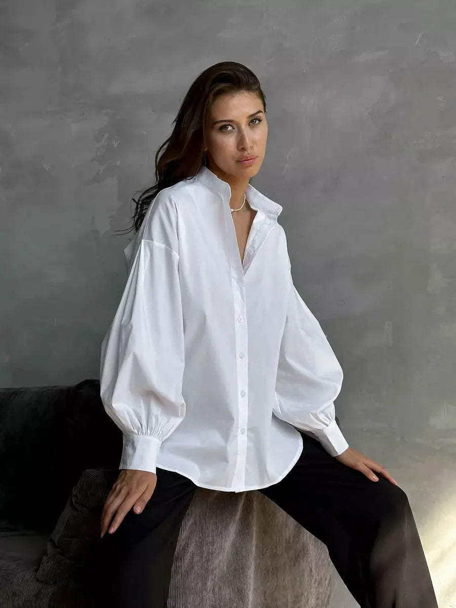 Women's Loose Lantern Sleeve Single-breasted 100% Cotton Blouse