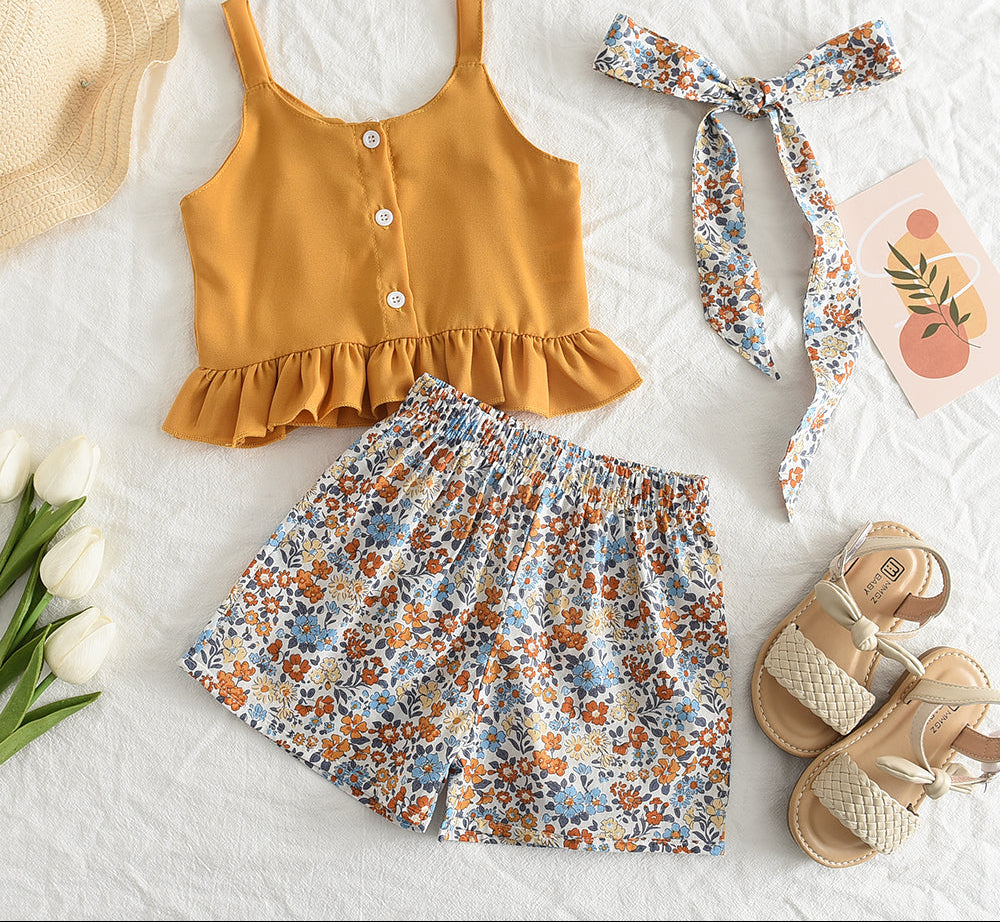 Girls' Summer Outfit Set - Solid Suspender Top with Floral Shorts 2-Piece