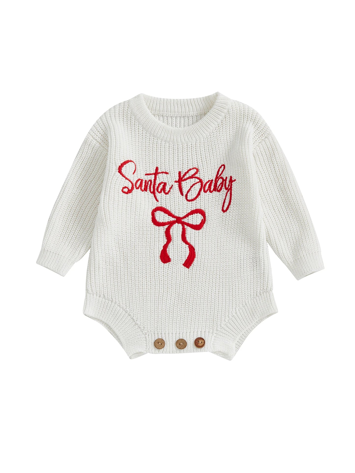 Baby Christmas Romper Sweater - Letter Bow Embroidery Ribbed Long Sleeve