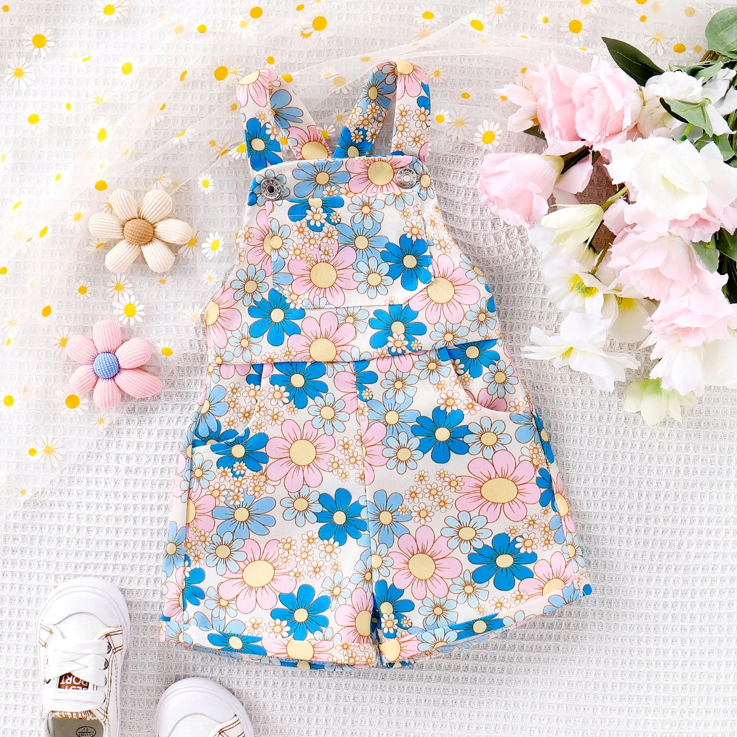 0-4Y Toddler Kids Girls Overalls Rompers Sleeveless Strap Sunflowers Print Buttons Pockets Jumpsuit