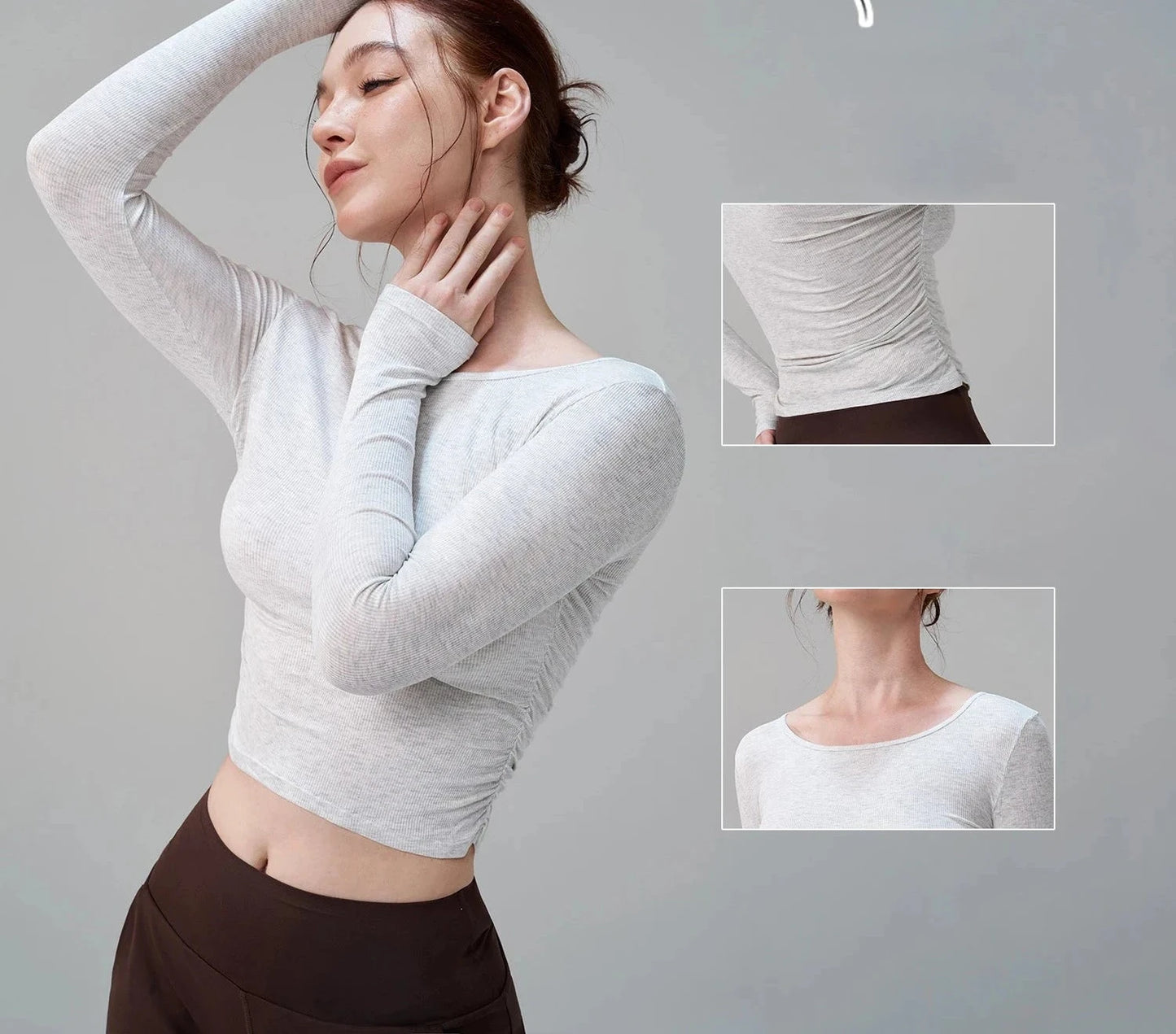 Ribbed Gym Top - Long Sleeve Drape Sides Yoga Shirt with Dry Fit