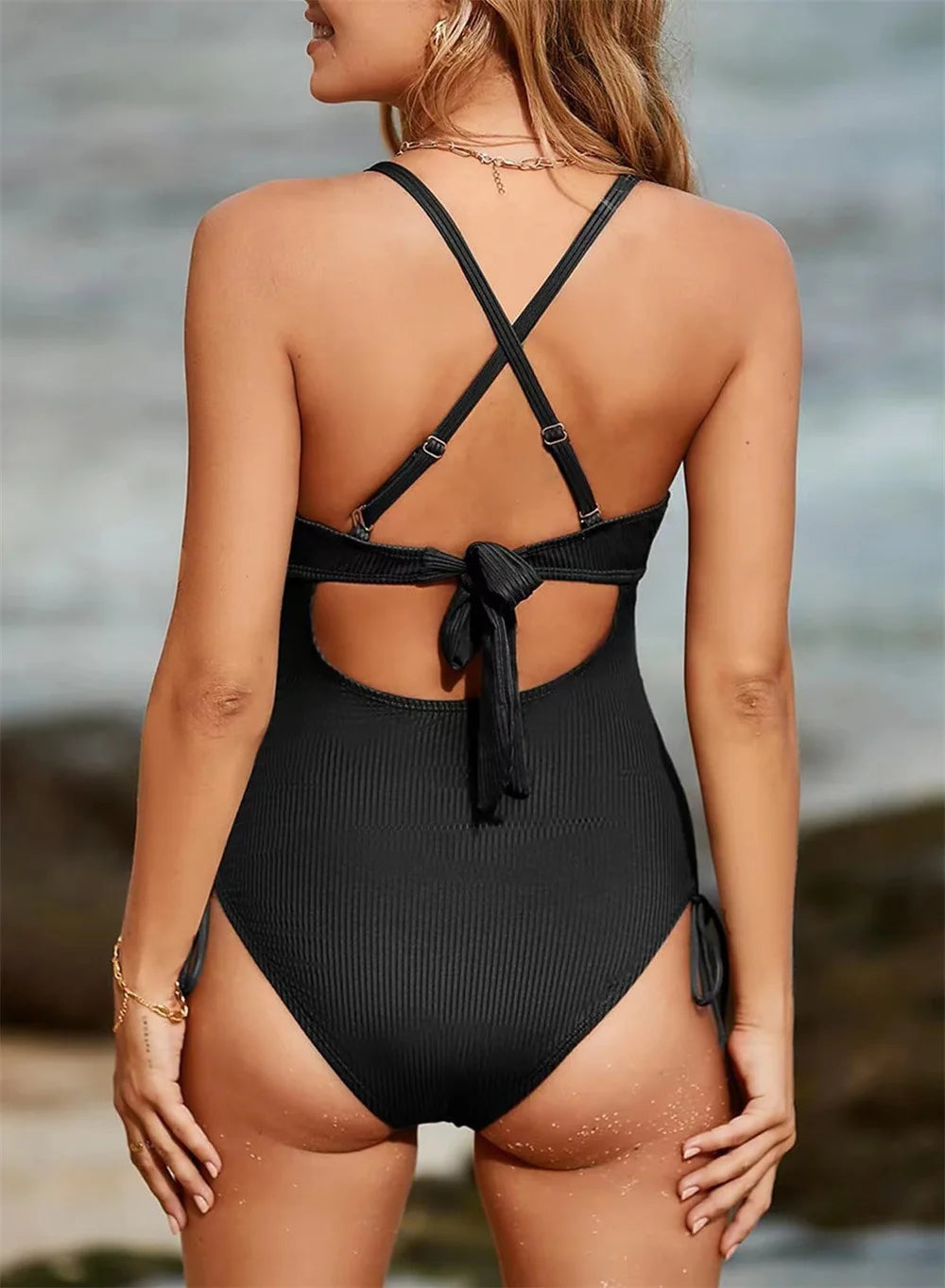 Women's Cut Out Halter One Piece Swimsuit Drawstring Swimwear