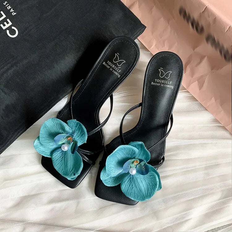 Women's 3D Flower Beach Slippers - Square Toe Heel Sandals