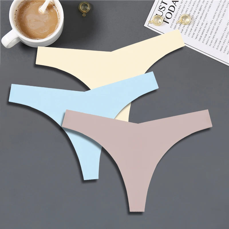 3PCS Women Ice Silk Seamless Underpants Panties, V-Waist Sport Thongs Low Rise 10 Solid Colours Breathable G-string