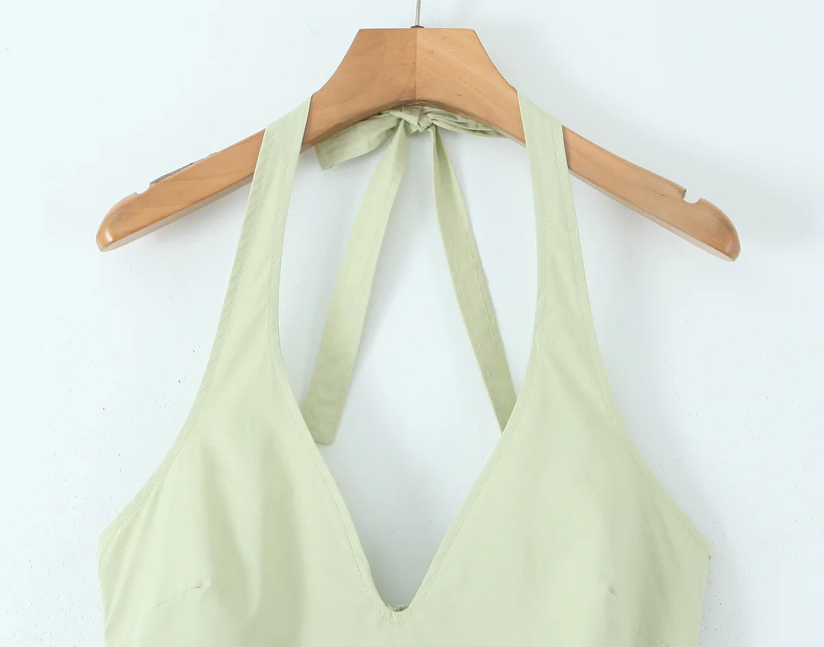 Backless Green Halter Dress - Elegant Low Waist A-Line Midi Dress